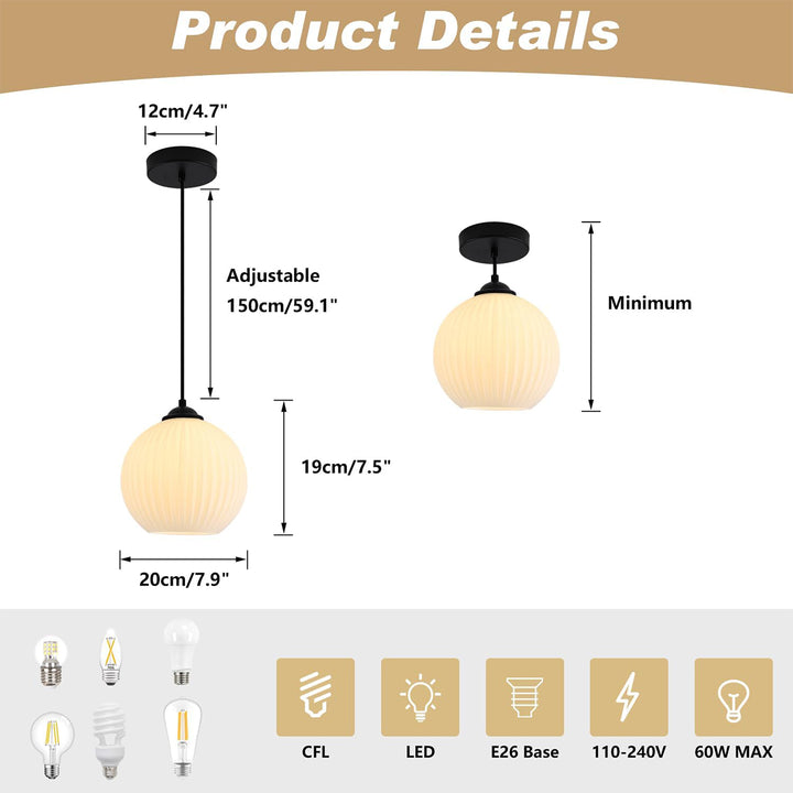 KCO 1-Light Frosted White Glass Globe Pendant Light Fixture (L7210)