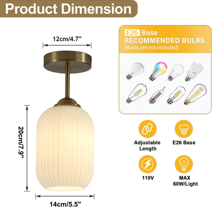 KCO Mid Century Modern Semi Flush Mount Ceiling Light Vintage Ribbed Glass Ceiling Light Antique Brass Flush Mount Ceiling Light (C9052)