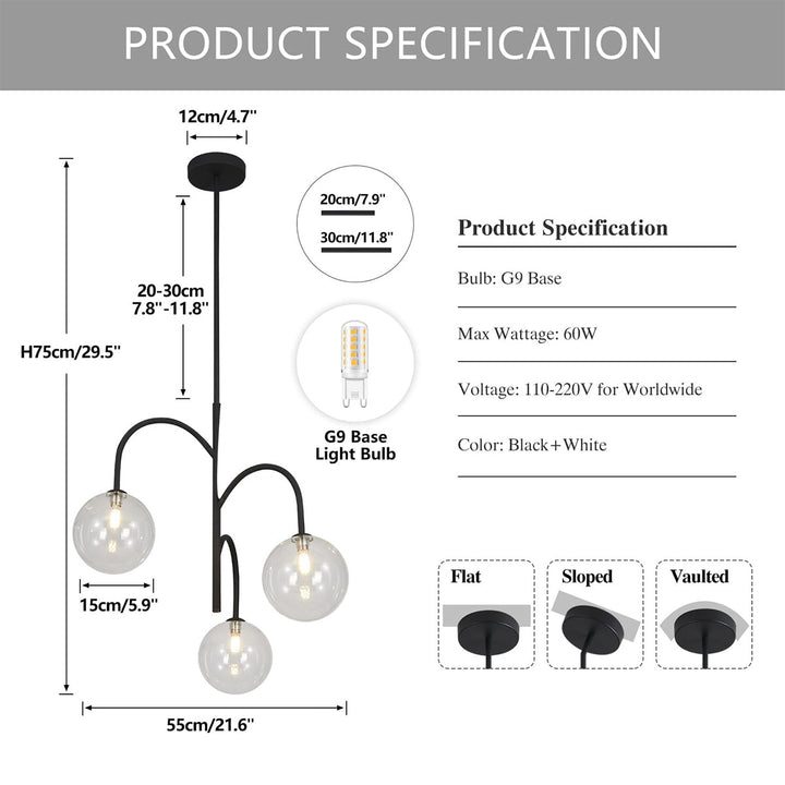 KCO 3-Light Kitchen Island Light Fixture Mid Century Modern Globe Sputnik Chandelier Black Globe Pendant Light Bubble Chandelier Lighting (L7194)