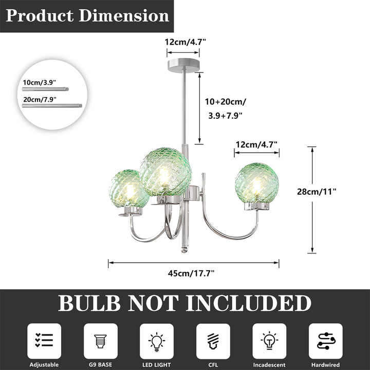 KCO Modern Glass Globe Sputnik Chandelier 3-Light Chandelier Brushed Nickel Industrial Iron Ceiling Light Fixture (L7195)