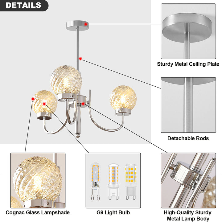 KCO Modern Glass Globe Sputnik Chandelier 3-Light Chandelier Brushed Nickel Industrial Iron Ceiling Light Fixture (L7195)