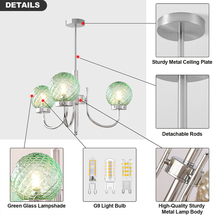 KCO Modern Glass Globe Sputnik Chandelier 3-Light Chandelier Brushed Nickel Industrial Iron Ceiling Light Fixture (L7195)
