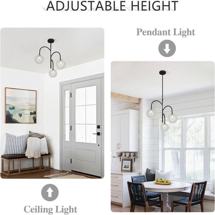 KCO 3-Light Kitchen Island Light Fixture Mid Century Modern Globe Sputnik Chandelier Black Globe Pendant Light Bubble Chandelier Lighting (L7194)