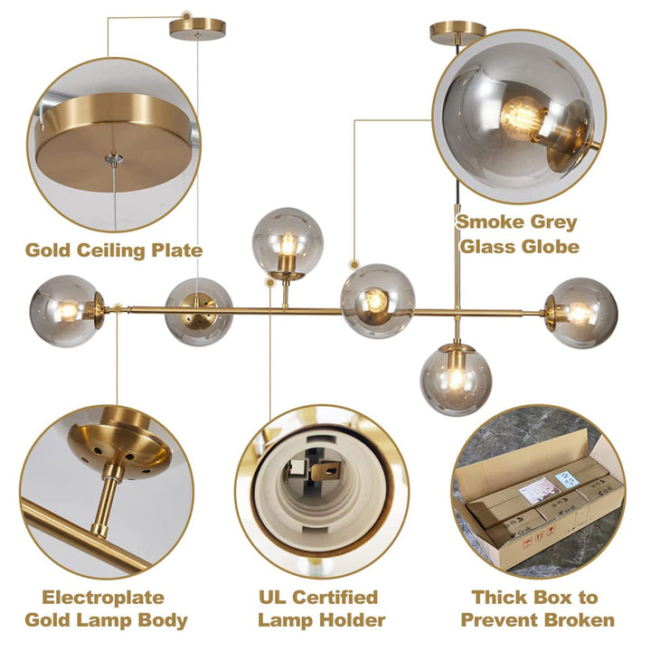 KCO 6-Light Gold Linear Chandelier Globe Pendant Light (L7117)