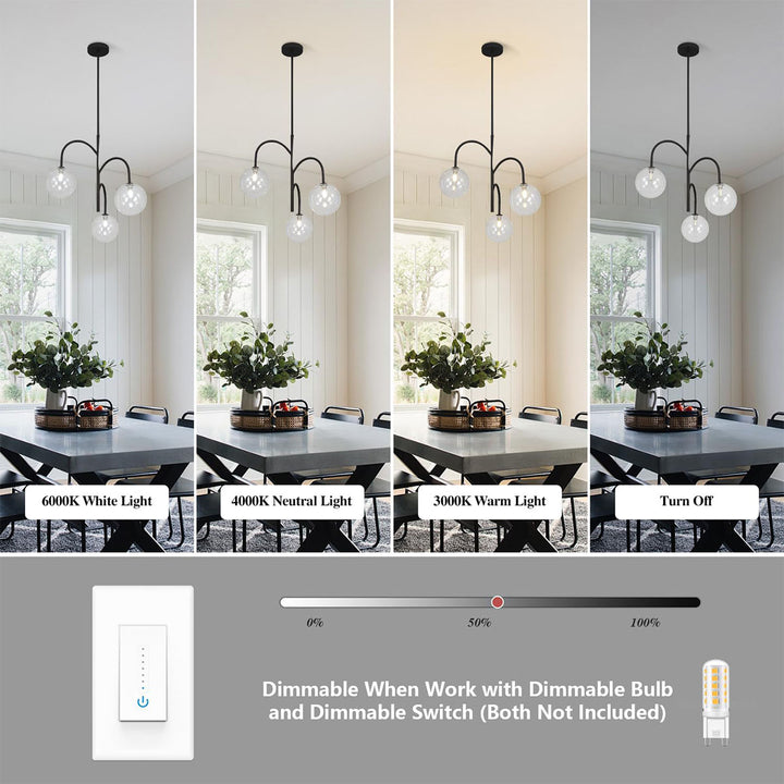 KCO 3-Light Kitchen Island Light Fixture Mid Century Modern Globe Sputnik Chandelier Black Globe Pendant Light Bubble Chandelier Lighting (L7194)