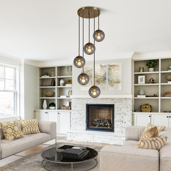 5 Light Cluster Pendant Lighting Smoke Glass Globe Chandelier（L7228）