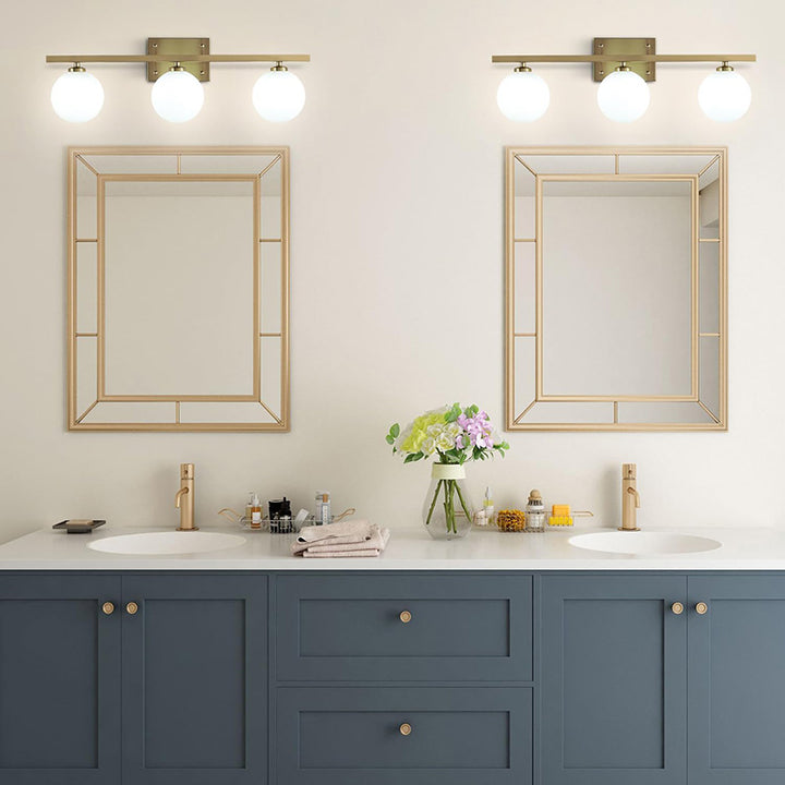 KCO Brass Vanity Mirror Sconces with Frosted Glass Globes (W8074)