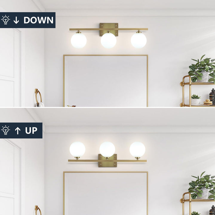 KCO Brass Vanity Mirror Sconces with Frosted Glass Globes (W8074)