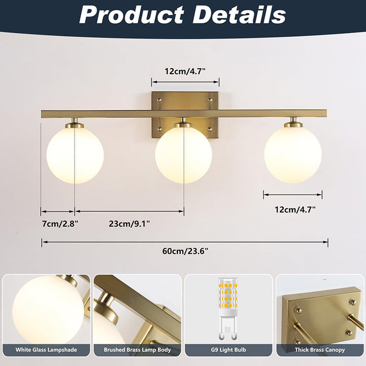 KCO Brass Vanity Mirror Sconces with Frosted Glass Globes (W8074)
