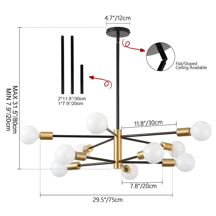 KCO Modern Sputnik Chandelier 10-Light Black and Gold Chandelier(L7130)