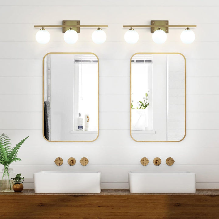 KCO Brass Vanity Mirror Sconces with Frosted Glass Globes (W8074)