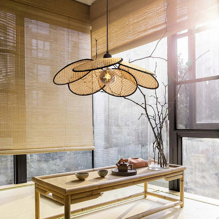 KCO Natural Rattan Petal Pendant Light Woven Chandelier (L7078)