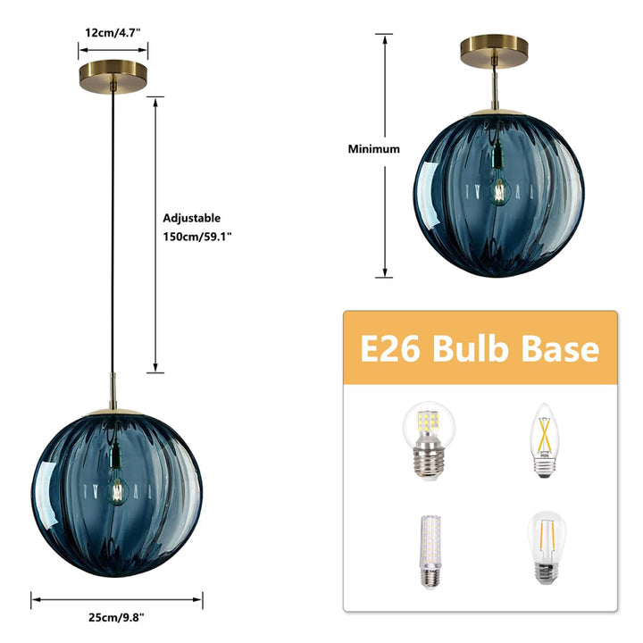 KCO Blue Glass Pendant Lighting with 9.8  Ribbed Glass Golbe(L7106)
