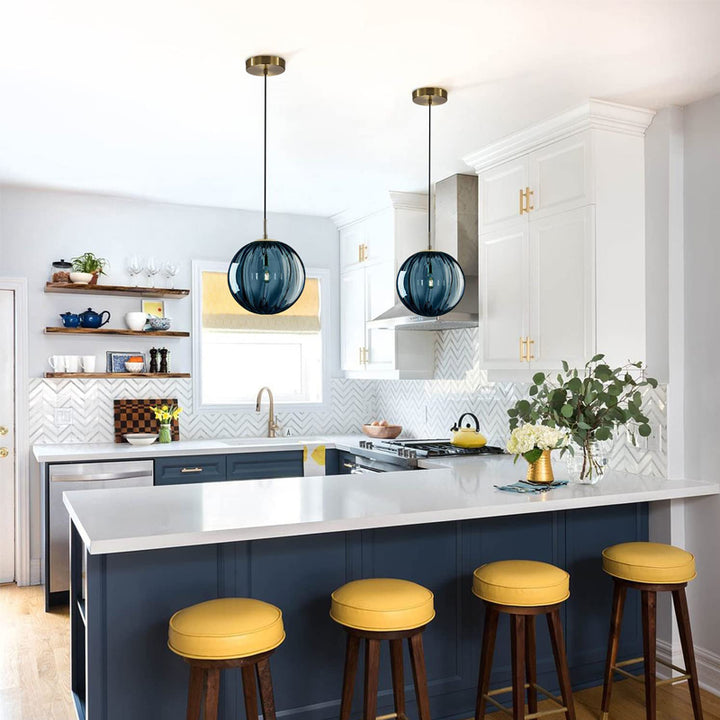 KCO Blue Glass Pendant Lighting with 9.8  Ribbed Glass Golbe(L7106)