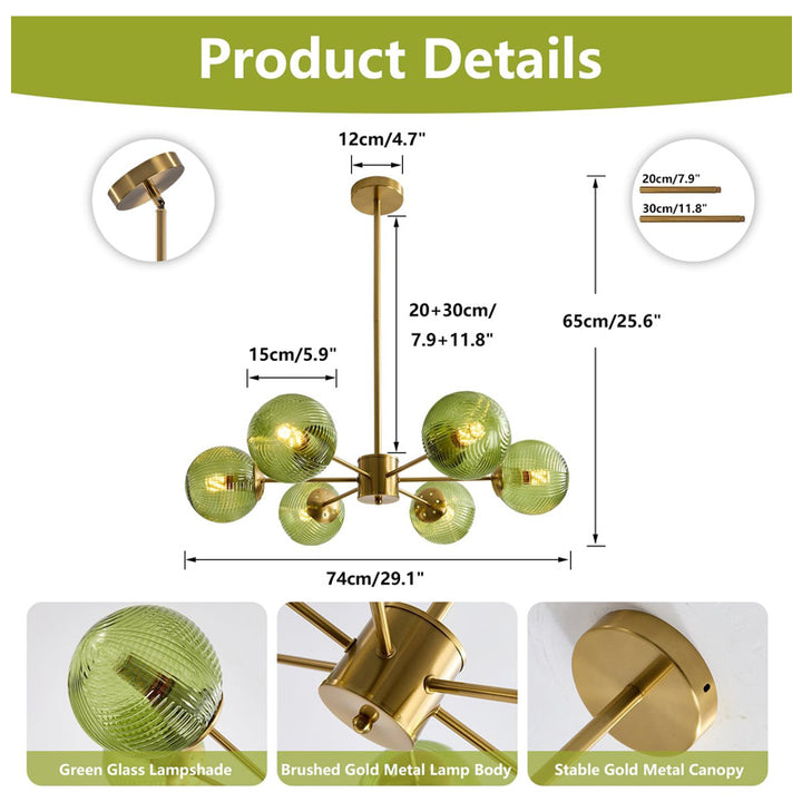 KCO Green and Brass Blown Sputnik Chandelier with 6 Lights (L7163)