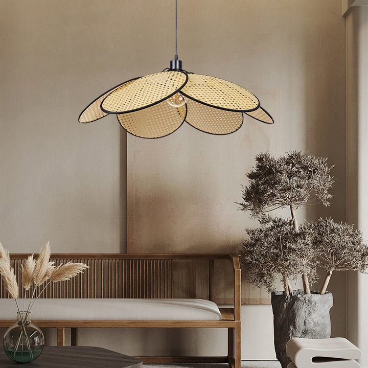 KCO Natural Rattan Petal Pendant Light Woven Chandelier (L7078)