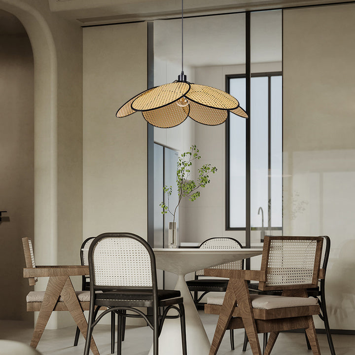 KCO Natural Rattan Petal Pendant Light Woven Chandelier (L7078)