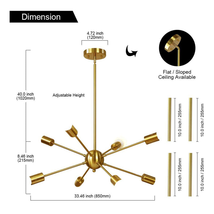 KCO Sputnik Chandelier 8 Light Brushed Brass Pendant Lighting