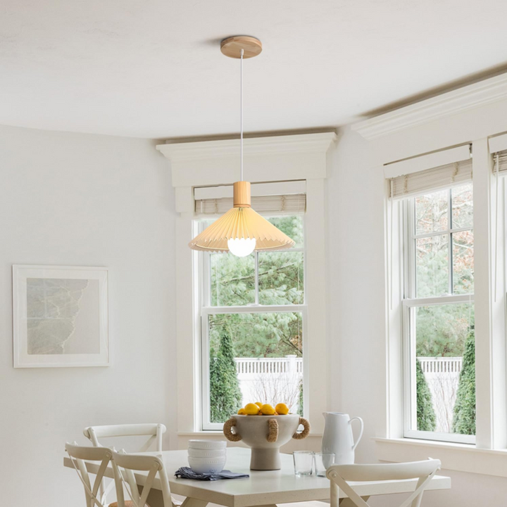 KCO Farmhouse White Fabric Striped Wooden Pendant Light(L7173)