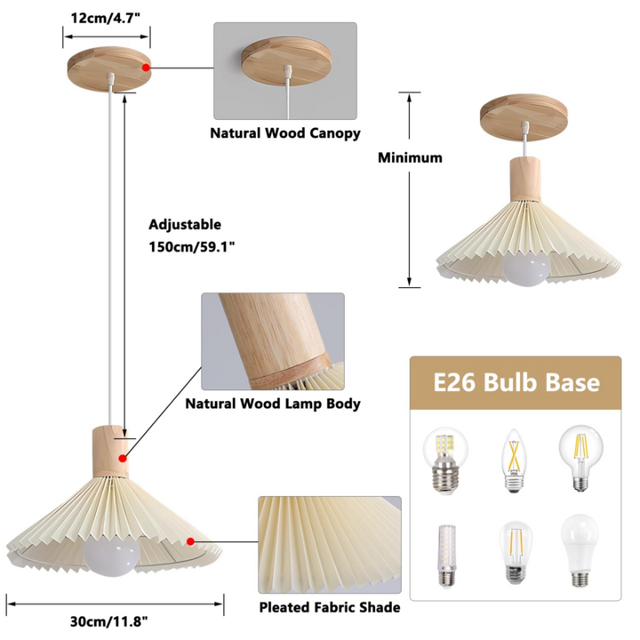 KCO Farmhouse White Fabric Striped Wooden Pendant Light(L7173)